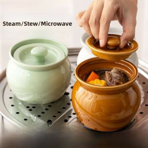 MONLEYTA | Traditional Chinese Ceramic Soup Pot With Lid For Home Use Single Person Porcelain Casserole Dish Water Bath Steaming Bowl