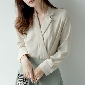 Design Sensation Long Sleeve Shirt Satin Fabric Anti-Wrinkle High-End Loose Womens Polo Neck Pure Color Commute Style Shirt