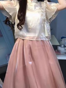 New Chinese Style Gentle Pink Button Short Shirt High Waist Half Body Long Skirt Two Piece Set Vintage Fashion Womens Outfit