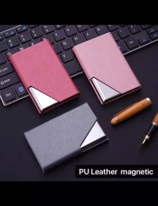 Magnetic PU-leather business card holder for men portable and creative design metal business card