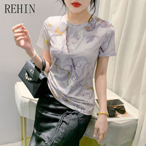 REHIN European style summer new ffloral print cotton round neck short-sleeved T-shirt bottoming Slim fit elegant womens tops