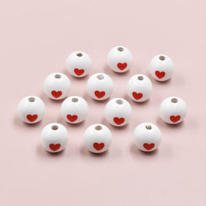 ลูกปัดไม้รูปหัวใจพิมพ์ลายไม้ดอกบัวขนาด 16 มม. สีแดงสำหรับวันวาเลนไทน์ อุปกรณ์ทำเครื่องประดับ DIY ลูกปัดไม้รูปหัวใจขนาดเล็ก