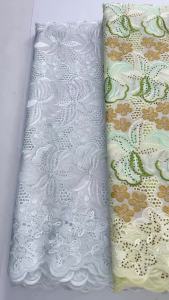 2026 New African Cotton Lace Fabric Swiss Voile Green Lace with Stones 5Yards for Wedding & Occasion Dresses