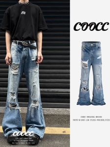 American Retro Hole Micro Flared Jeans Mens Small Design Trendy High Street Loose Washed Straight Leg Pants Casual Wear