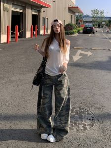 VKSOD | Summer Casual Womens Camouflage Loose Fit T-Shirt And Pants Set Micro Translucent Asymmetrical Collar Top Casual Style