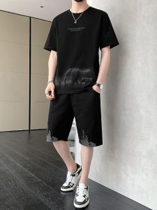 ROMON | Lomond Mens Pure Cotton Ice Silk Summer Thin Short Sleeve Basketball Suit Two-Piece Set Casual Sportswear Short Pants