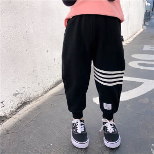 Spring Sporty Cuffed Trousers for Boys Casual Four Stripe Long Pants Baby Comfortable Cotton Drawstring Waist Kids Fashion