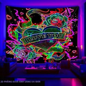 VIKAMA UV Blacklight Neon Hoa Hồng Trái Tim Tấm Thảm Màu Hồng Phát Sáng Treo Tường Cho Phòng Ngủ Lãng Mạn Trang Trí Ký Túc Xá Tôi Yêu Bạn Chủ Đề