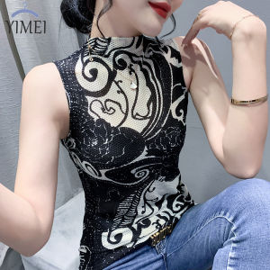YIMEI 2023 Autumn New Fashion Sleeveless Tank Top Slim Half High Neck T-shirt Womens Vintage Printed Letter Top