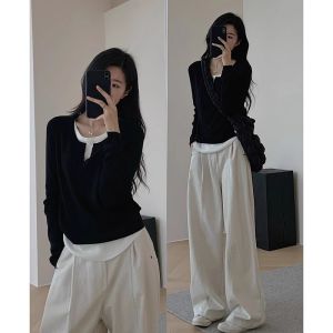 เสื้อสเวตเตอร์คอวีแขนยาวทรงสลิมฟิตสำหรับผู้หญิง ทรงหลวม ทรงลำลอง ฤดูใบไม้ร่วง/ฤดูหนาว ทรงลำลอง ทรงไม่สมมาตร ชุดสองชิ้นปลอม