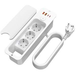 HITRENDS EU Desktop Recessed Socket Built in Power Strip with 2 USB 2 Type C PD 20W Fast charge Multi-Plug 3 Outlet with 1.8 M