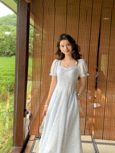 DENGLIULIU | French Retro Blue Dress with Puff Sleeves for Beach Vacation