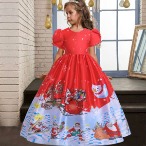 Santa Claus Sled Deer Christmas Print Party Girls Dresses Cosplay Costume Elegant Bridesmaids Princess Dress Girls Birthday Gown