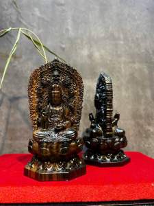 Tượng 2 Mặt Phật Quan Âm ngồi đài sen bảo hộ tâm linh cao Để ô tô Để phòng trà gỗ sưa mun kích thước cao 13-8cm