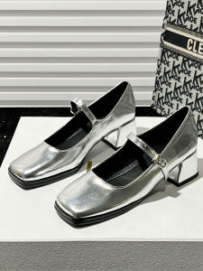 Silver Chunky Heel Mary Jane Shoes Womens 2025 Spring Summer New French Elegance Square Head Slip-On Single Shoes