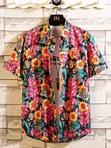 Youth Summer Floral Cotton Casual Shirt Short Sleeve Thin Pure Cotton Mens Holiday Beach Shirt Slim Fit Iron Free Fashionable