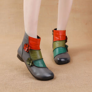 Vintage genuine leather ankle boots woman waterproof short boot women autumn booties lady flats