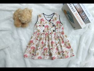 NEVERLAND ชุดเด็กผู้หญิง แบบไขว้ แขนกุด กระดุมเปิดด้านหน้า ผ้า Cotton 100% ลายดอกสีชมพู