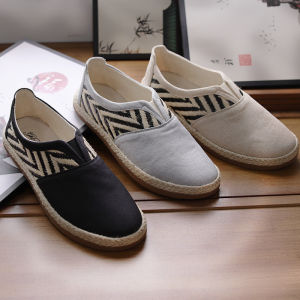 Spring 2025 Mens Retro Canvas Slip-On Shoes Breathable Grass Woven Linen Casual Shoes Comfortable All-Weather Footwear