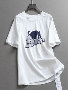 Color Block Cartoon Print Pure Cotton round Neck Short Sleeve T-Shirt Casual Versatile Summer New Style Ageless Womens Top