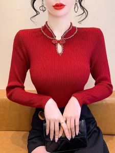 BaKuSen Autumn Winter New Style Heavy Work Stand Collar Chinese Style Button Long Sleeve Knitted Sweater Women Base Shirt Top