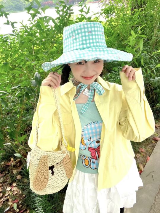 Shu Jiu Jia Mint Mambo Young Adult Big Brim Fisherman Hat Female Summer Green Small Flower Fresh Sun Shade Face Small Sun Protection Hat