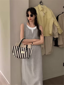 Elegant Off-Shoulder Vest Dress Womens Spring Autumn Casual Sleeveless Midi Skirt High Waist Cotton A-Line Summer Gown