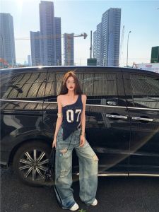 VKSOD | American Retro Hot Girl Diagonal Shoulder Vest Top High Street Ripped Jeans Wide Leg Floor-Length Pants Fashion Set Women Summer