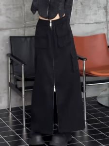 Black Workwear Mini Skirt Womens Spring Summer High Waist Slim A-Line Long Skirt Knee-Length Slit Elegant Commute Style
