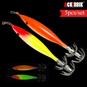 Ackibbik 5pcs/set Glow Horizontal Wood Shrimp Squid Jigging Shrimp Hook Octopus Cuttlefish Fishing Baits Fishing Accessories