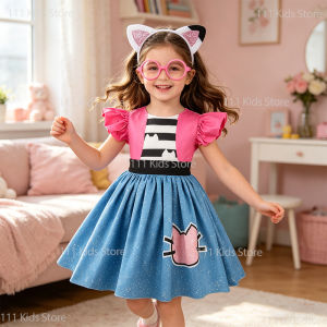 LZH | Fly-sleeve Cat Striped Princess Dress Girls Summer Dresses Cosplay Costume Carnival Outfits Kids Birthday Gift