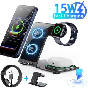 3 in 1 15W LED Fast Wireless Charger Stand Foldable Charging Station Data Cable for IPhone 17 Apple Watch 11 Airpods Pro Samsung