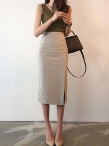PIAOYA | Womens High-Waist Flared Hem Midi Skirt Cotton Linen