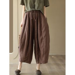 Retro Washed Wide Leg Lantern Pants Women Summer Thin Elastic Waist Large Size Loose Casual Cotton Linen Pants