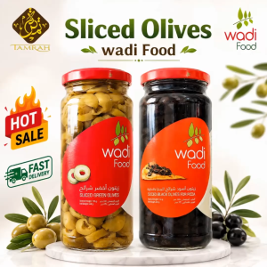 Wadi Food Olives / Sliced Black Olives / Sliced Green Olives / Net Weight 340gm / Drained Weight 155gm / High Quality / Natural