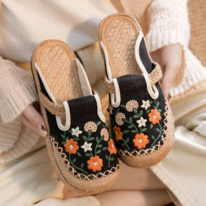 Handmade Linen Outdoor Slippers Womens Summer Half Slippers Grass Woven Ethnic Style Beijing Old School Flat Heel Rubber Sole