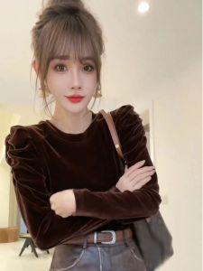 เสื้อเชิ้ตผู้หญิงคอโปโลแขนยาวผ้ากำมะหยี่สีทองสไตล์ฝรั่งเศส ทรงเข้ารูป ทรงหลวม สไตล์เกาหลี ฤดูใบไม้ร่วง 2024