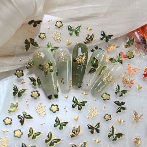 1Pcs 5D Green Jelly Series Butterfly Nail Sticker Golden Thread Butterflies Flower Nails Decal Spring Summer DIY Manicure Slider