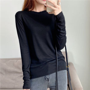 2026 New Style Slim Fit Solid Color Long Sleeve T-Shirt Womens Base Shirt Black Versatile Spring Autumn Winter Top