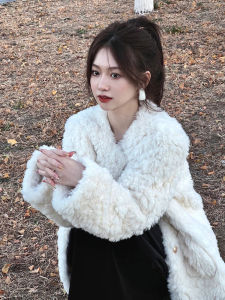 White Lamb Fur Jacket Womens Spring Autumn Short Style Slimming Korean Version round Neck Commute Wind Regular Length