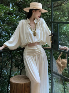 DANTING | Sister-Inspired Elegant Korean White V-Neck Top Wide Leg Pants Set