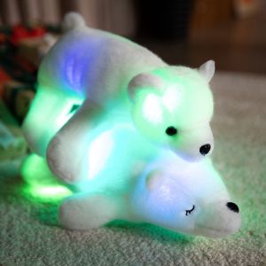 JOJO CASTLE Glowing LED Lying Polar Bear Plush Bear Toy Soft Stuffed Animal with Light Cute Night Light White Bear Pillow for Kid Baby Multicolor Flashing Plushie Gift
