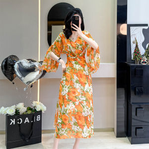 Impression Fashion Store Women Elegant Chiffon Floral Pleated V-neck Half Split Sleeve Tunic A-line Beach Street Dress