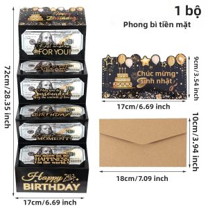 Bộ Phong Bì Đựng Tiền Mừng Sinh Nhật Black Gold Happy Birthday Sáng Tạo Tự Làm Có Ngăn Đựng Tiền Thiệp Gấp Mở Bất Ngờ Dành Làm Quà Tặng Sinh Nhật