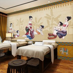 Southeast Asian Style Thai Massage Decorative Wall Paper for Beauty Salon Foot Bath Health Care Spa Business PVC Material