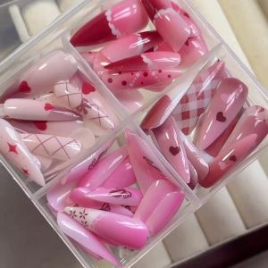 96pcs Pink Red Long Stiletto French Tips Fake Nails Bow Heart Star Dots Print Press On Nails for Sweet Y2K Girls Nail Art Design