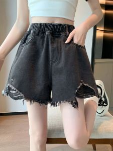 Womens Loose A-Line Denim Shorts High Waist Wide Leg Pants Black Frayed Hem Hole Design Summer Fashion plus Size Hot Pants