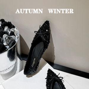 Ainidamiss Korean Style Womens Flat Head Single Shoes Soft Bottom Slip-On Shoes Sharp Point Butterfly Knot Daily Wear