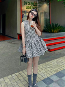 Váy Ngắn Không Tay Kẻ Caro Đen Trắng Thắt Eo Cho Nữ Mùa Hè Váy Công Chúa Cạp Cao Cạp Cao Váy Midi Không Tay Cổ Tròn
