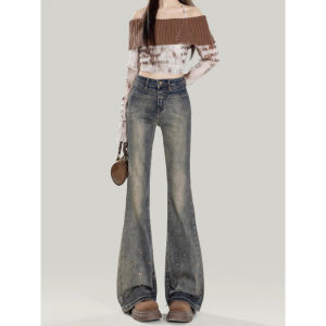 กางเกงยีนส์ทรงขาบานสไตล์อเมริกันย้อนยุคสำหรับผู้หญิง กางเกงยีนส์ทรงขาบานยืดหยุ่นสูงทรงเข้ารูปสำหรับฤดูใบไม้ร่วงปี 2025